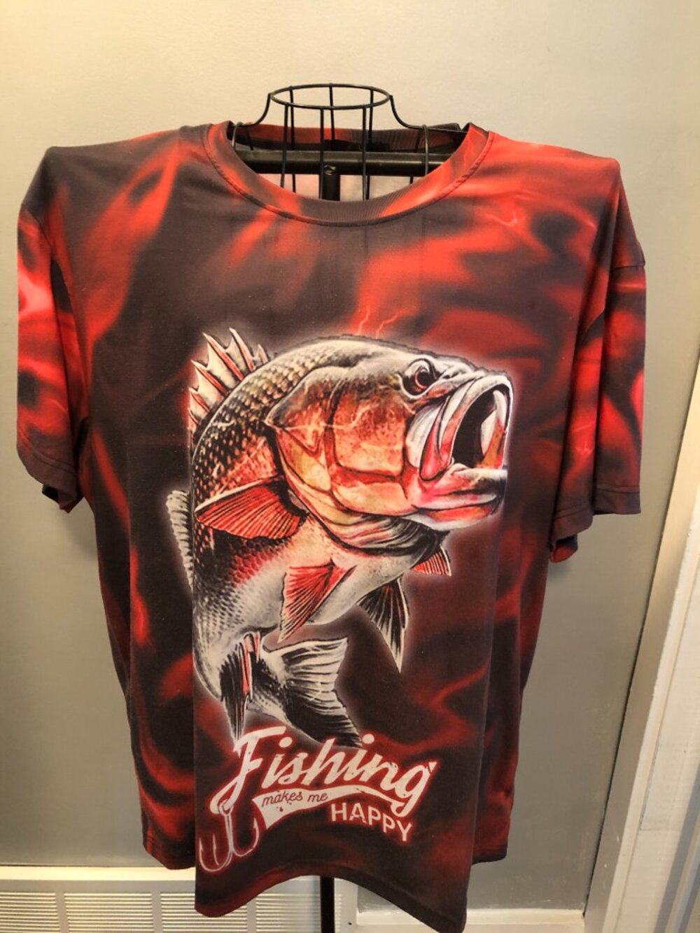 2XL? Mens Fishing Makes Me Happy Red Short Sleeve Shirt - THIN & SOME PILLING